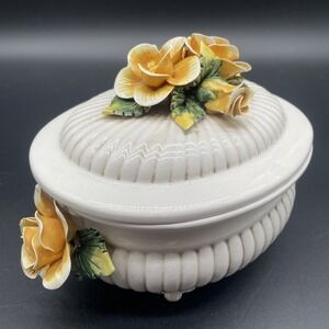 Italian Marked Lidded Dish Footed Yellow Porcelain Flowers Capodimonte style